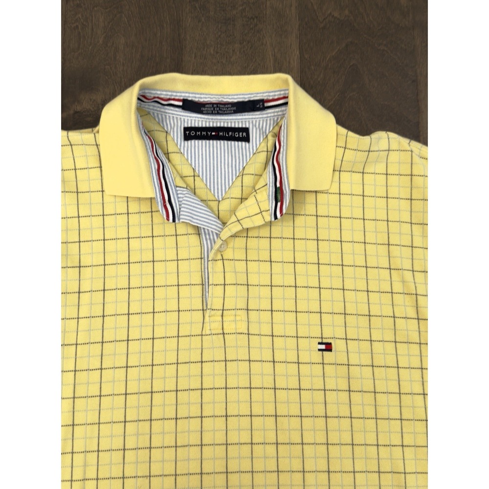 Tommy Hilfiger Yellow Plaid Polo Shirt Mens Size Large Flag Logo Short Sleeve